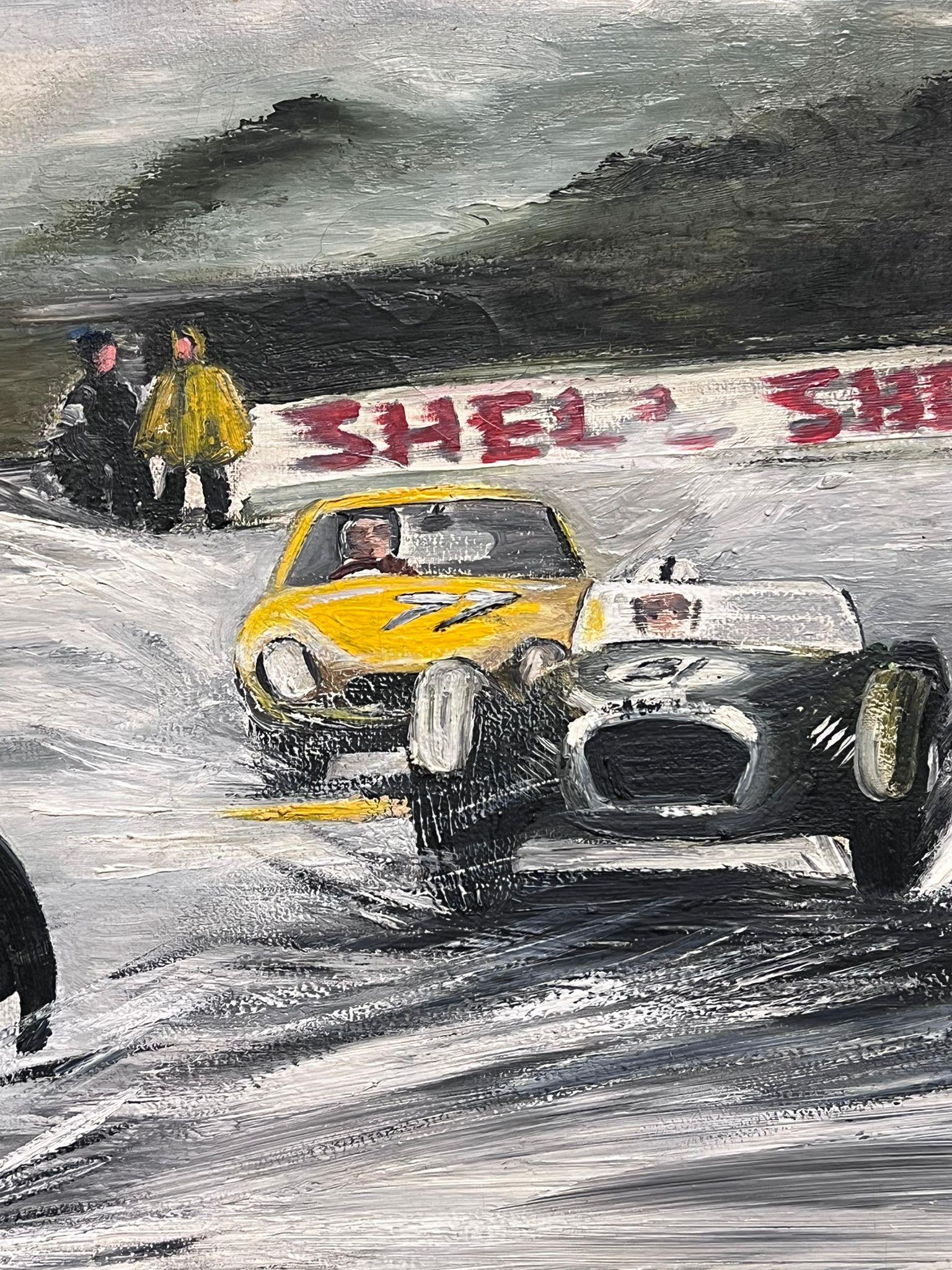 Classic Jaguar Motor Racing Action Scene Original 1960's Signed Oil Painting  For Sale 1
