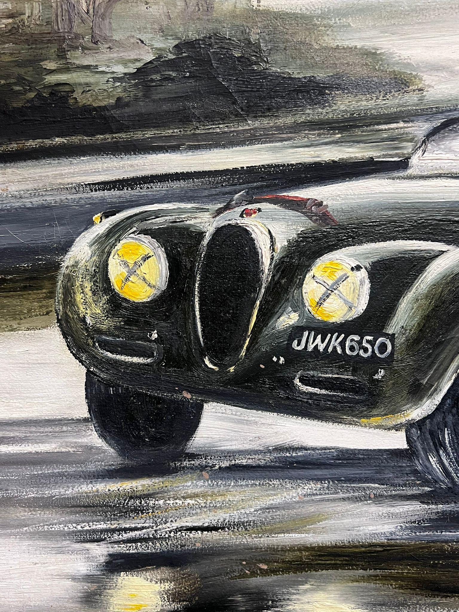 Classic Jaguar Motor Racing Action Scene Original 1960's Signed Oil Painting  For Sale 3