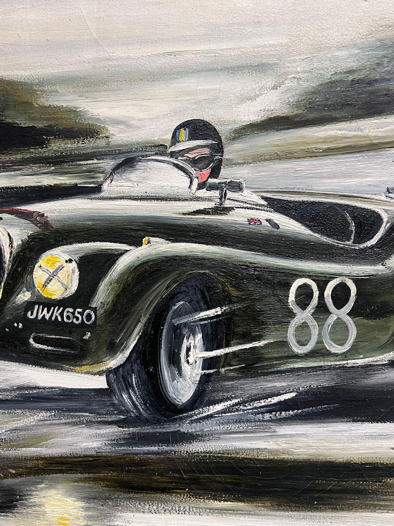 Classic Jaguar Motor Racing Action Scene Original 1960's Signed Oil Painting  For Sale 4
