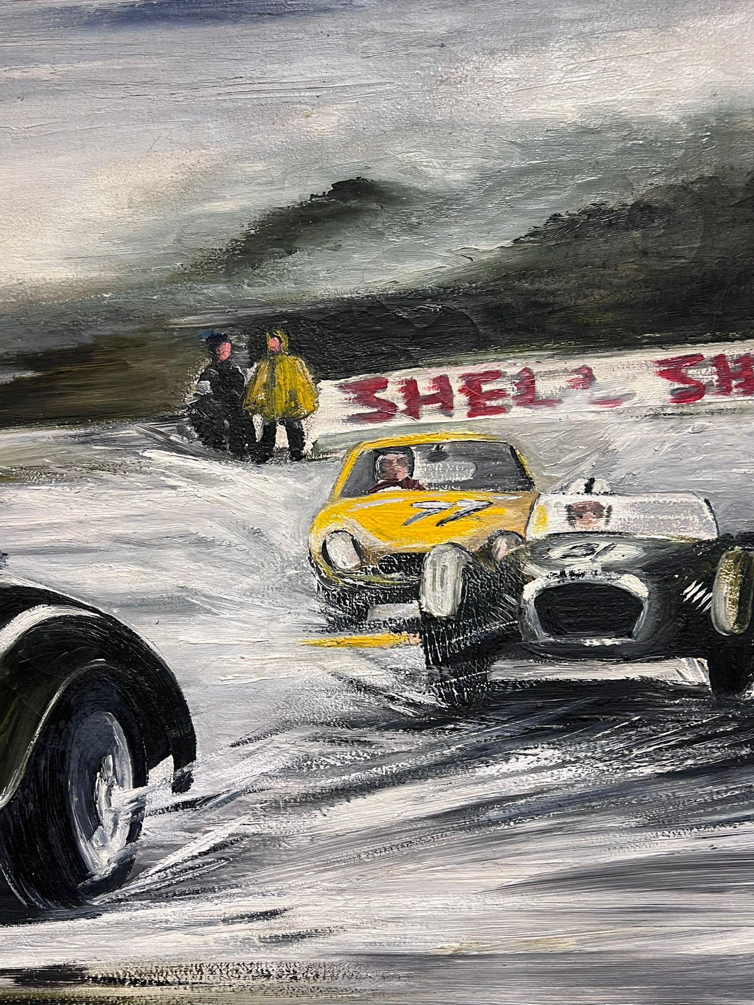 Classic Jaguar Motor Racing Action Scene Original 1960's Signed Oil Painting  For Sale 7