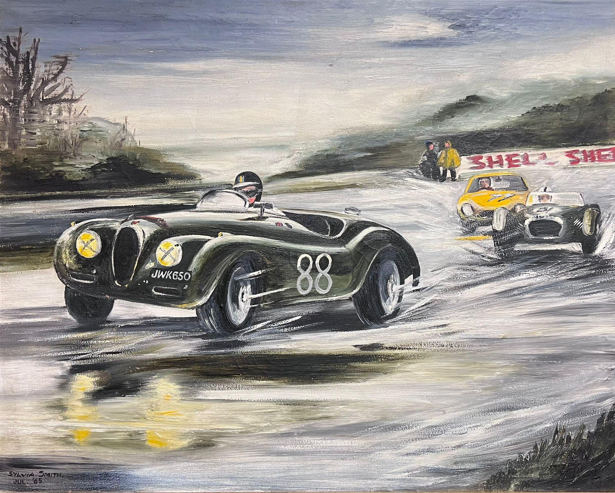 British 1960's Landscape Painting - Classic Jaguar Motor Racing Action Scene Original 1960's Signed Oil Painting 