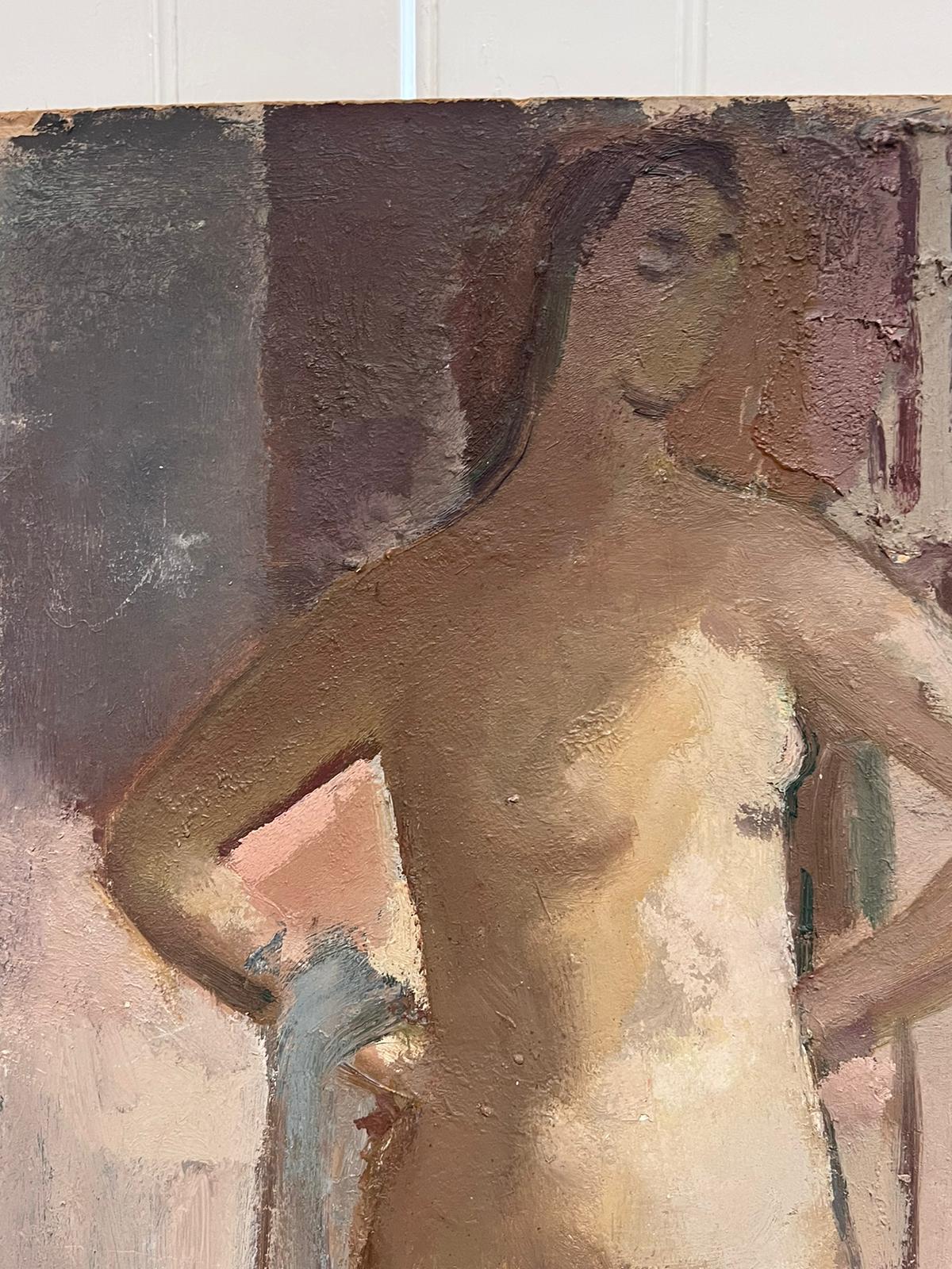 Große 1960's British Modernist Ölgemälde Tall Nude Lady Standing in Studio – Painting von British 1960's