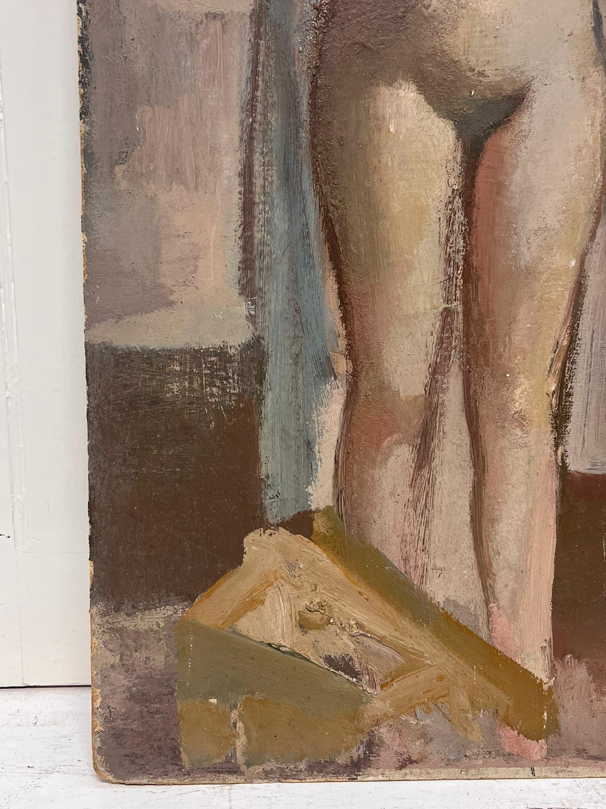 Large 1960's British Modernist Oil Painting Tall Nude Lady Standing in Studio For Sale 1