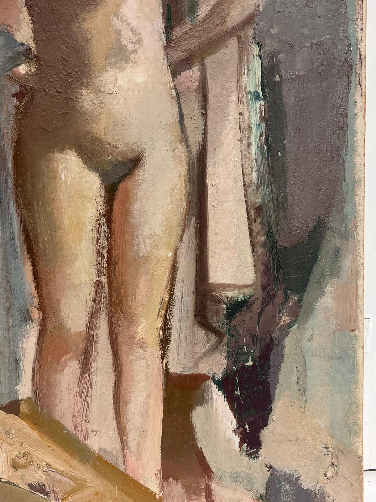 Large 1960's British Modernist Oil Painting Tall Nude Lady Standing in Studio For Sale 2