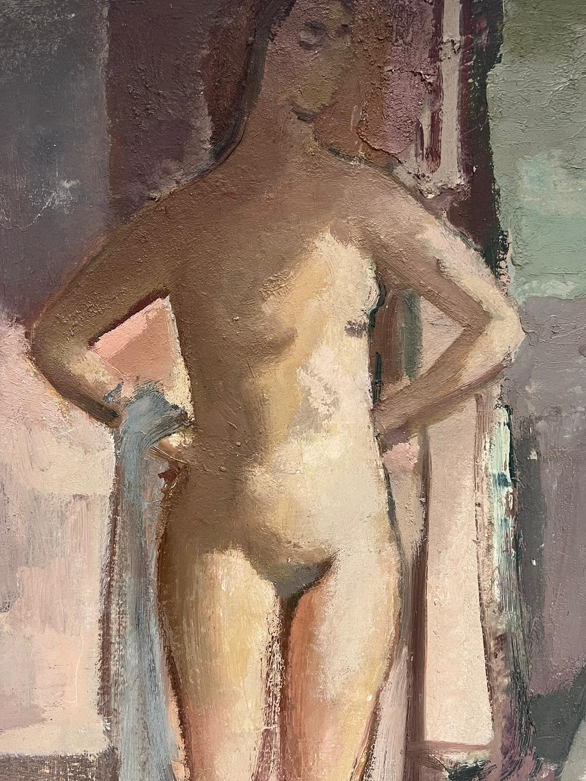 Large 1960's British Modernist Oil Painting Tall Nude Lady Standing in Studio For Sale 3