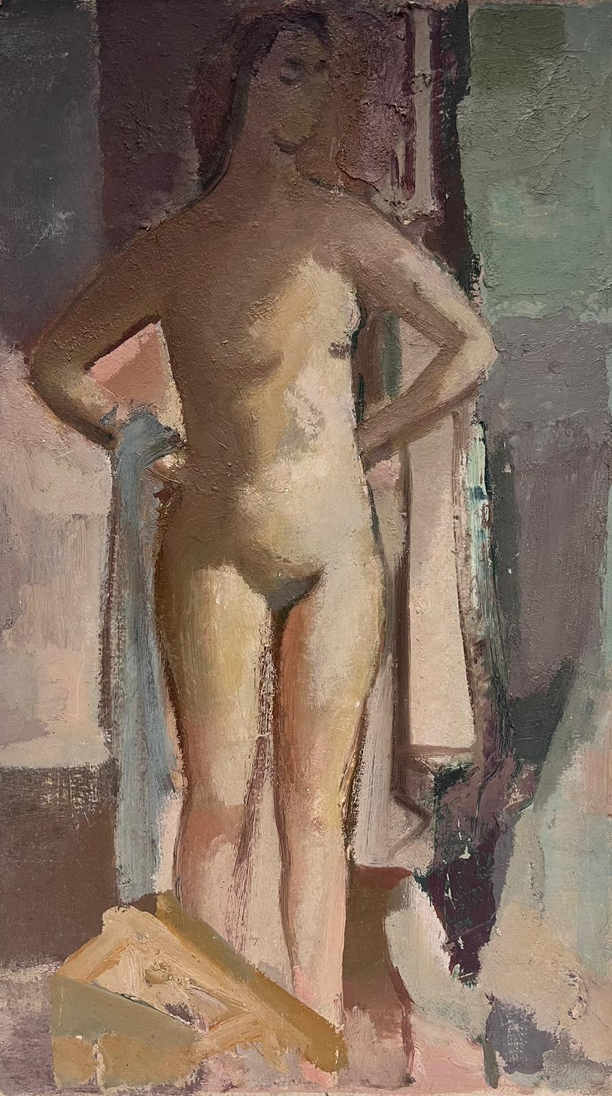 British 1960's Figurative Painting - Large 1960's British Modernist Oil Painting Tall Nude Lady Standing in Studio