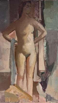 Retro Large 1960's British Modernist Oil Painting Tall Nude Lady Standing in Studio