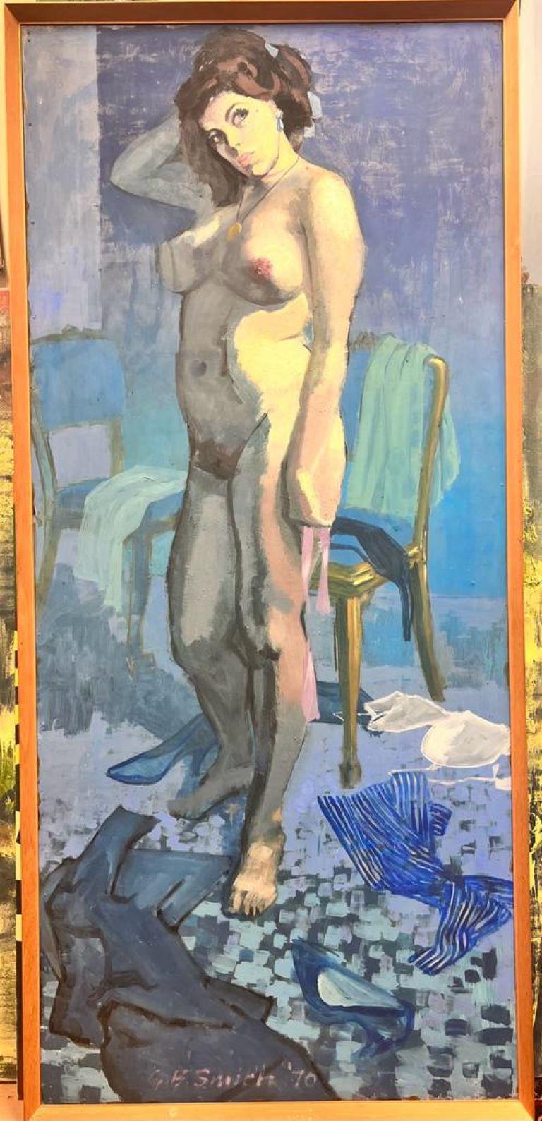 Großes britisches modernistisches Ölgemälde der 1970er Jahre, Porträt einer nackten Dame in blauen Farben – Painting von British 1970's