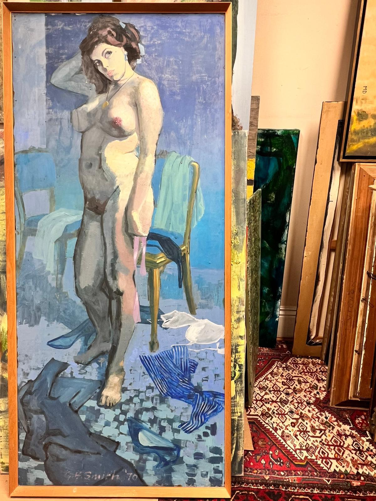Huge 1970's British Modernist Oil Painting Portrait of Nude Lady in Blue Colors For Sale 1