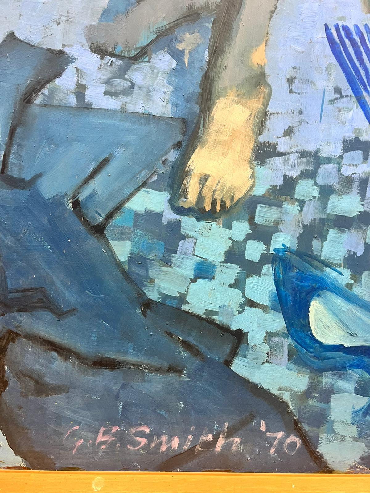 Huge 1970's British Modernist Oil Painting Portrait of Nude Lady in Blue Colors For Sale 2