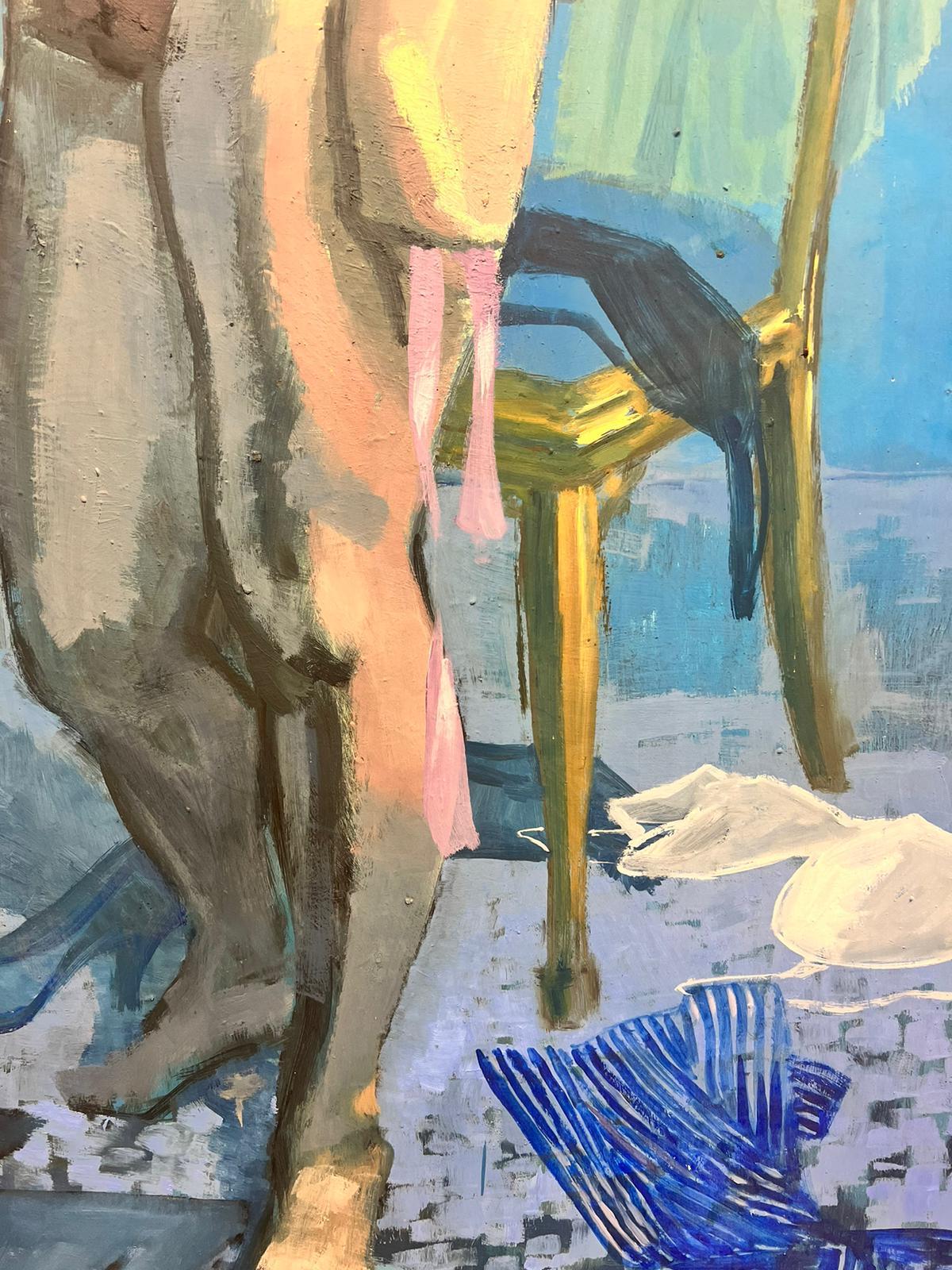 Huge 1970's British Modernist Oil Painting Portrait of Nude Lady in Blue Colors 3