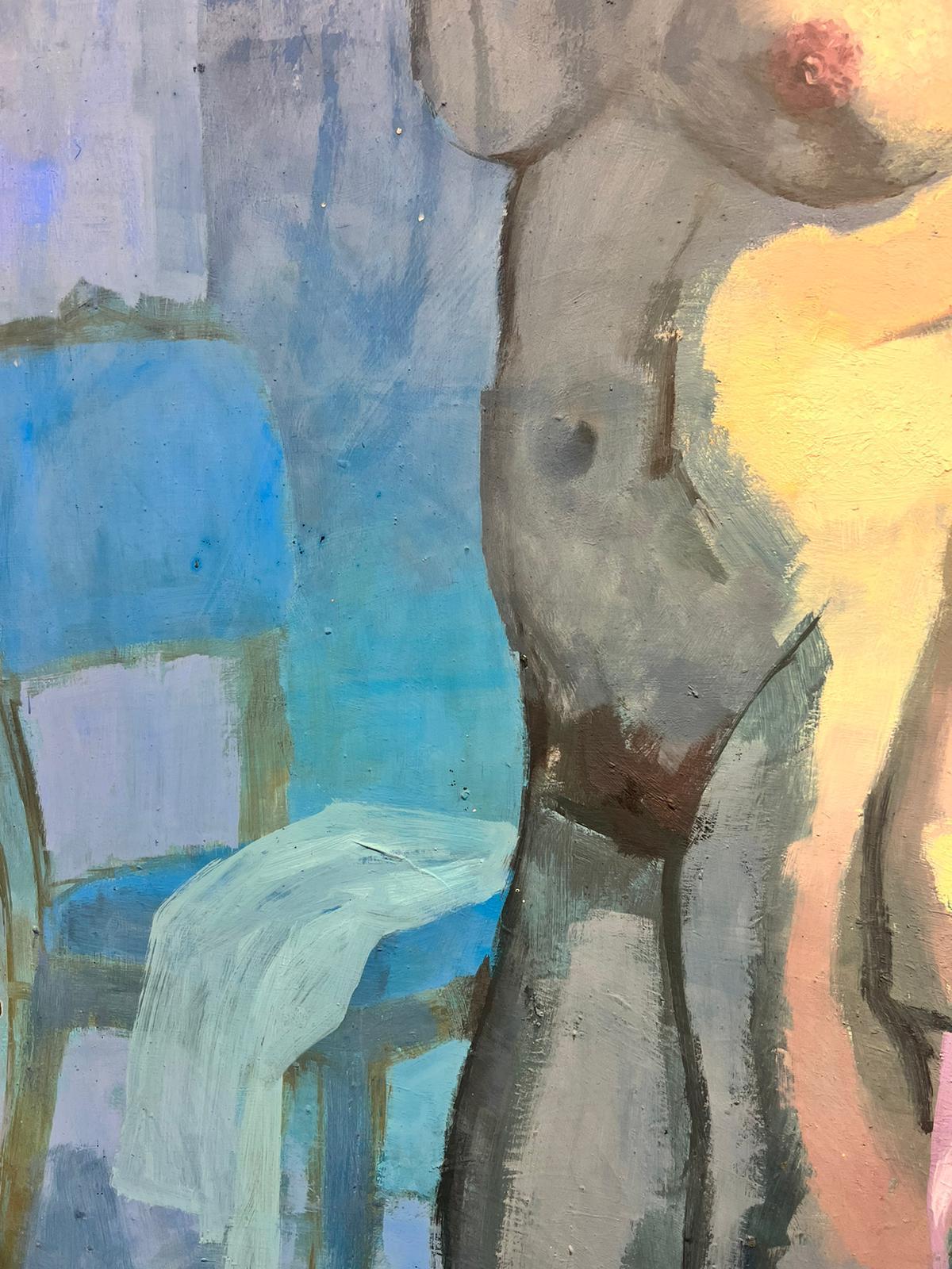 Huge 1970's British Modernist Oil Painting Portrait of Nude Lady in Blue Colors For Sale 4
