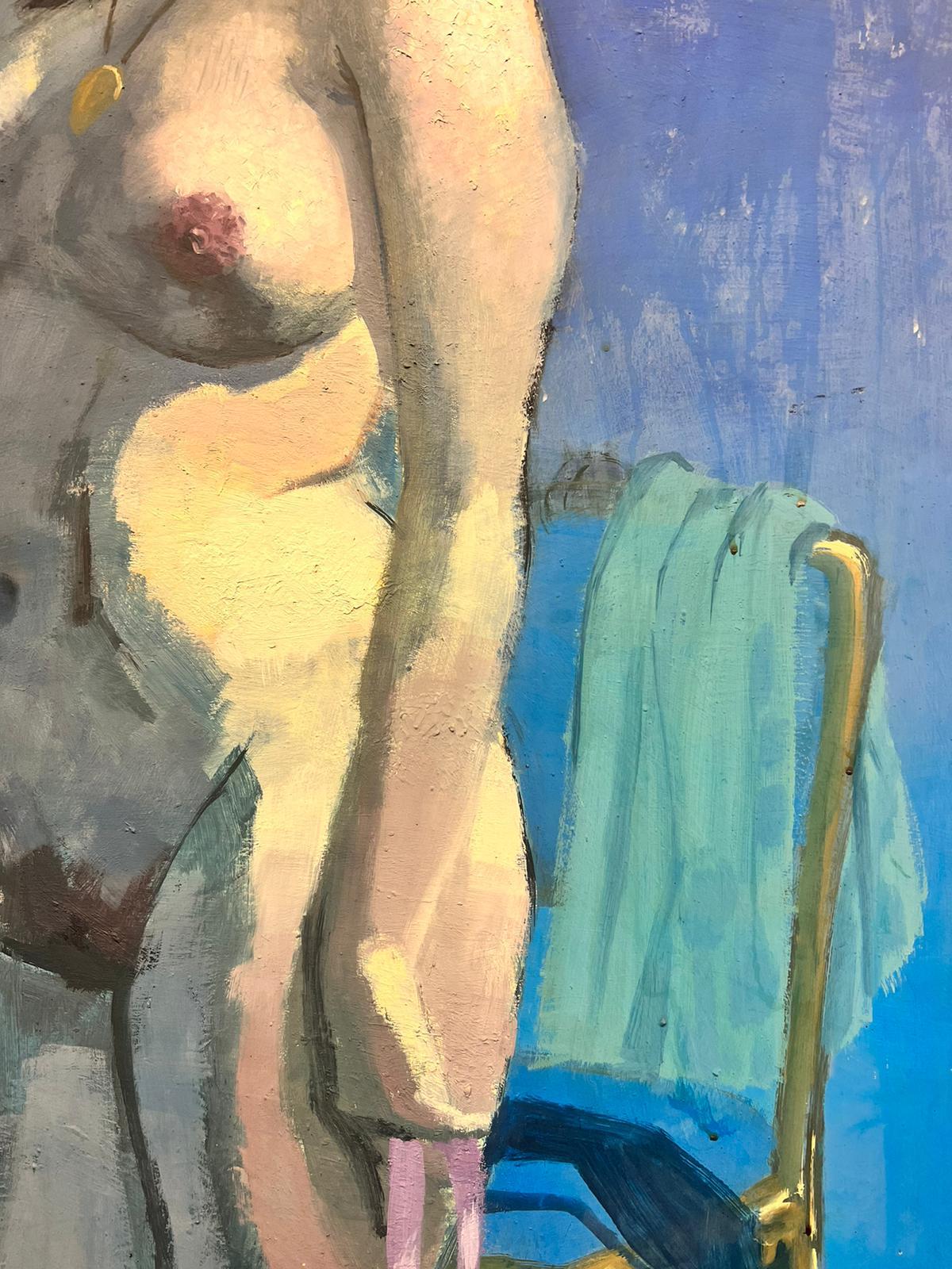 Huge 1970's British Modernist Oil Painting Portrait of Nude Lady in Blue Colors For Sale 5