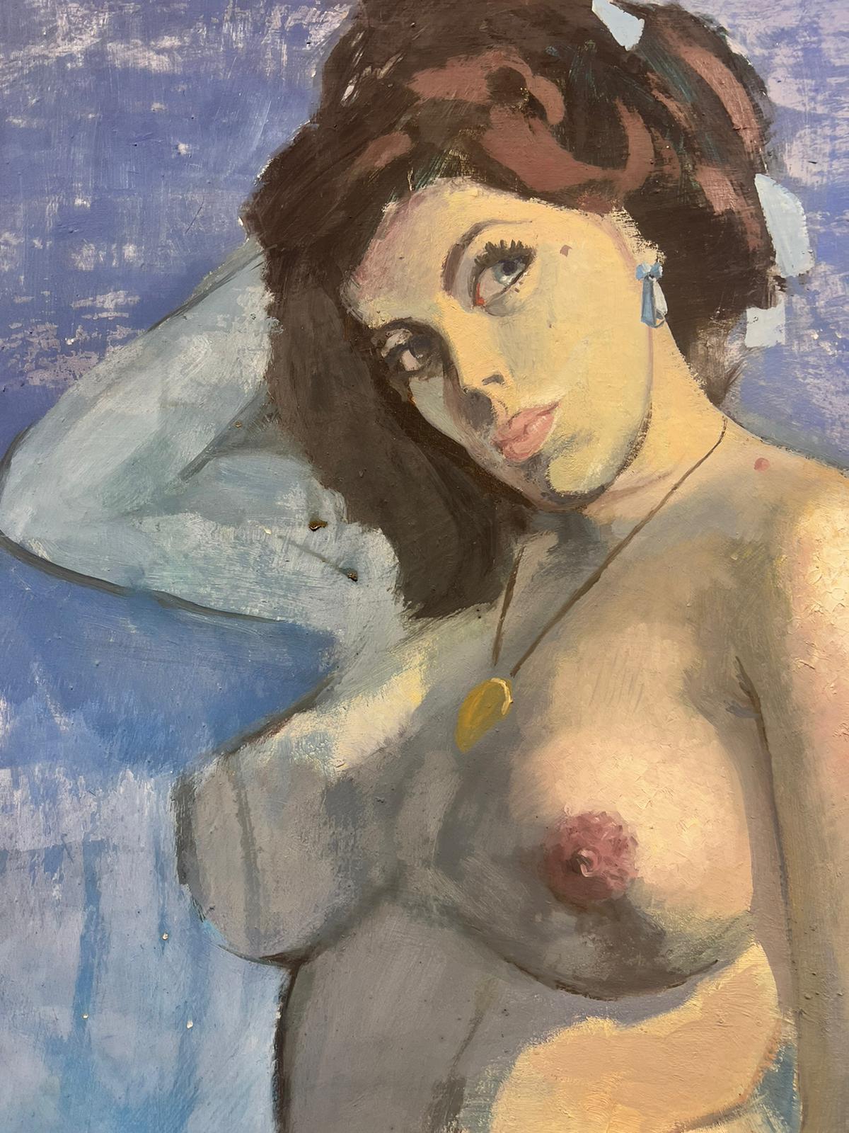 Großes britisches modernistisches Ölgemälde der 1970er Jahre, Porträt einer nackten Dame in blauen Farben im Angebot 4