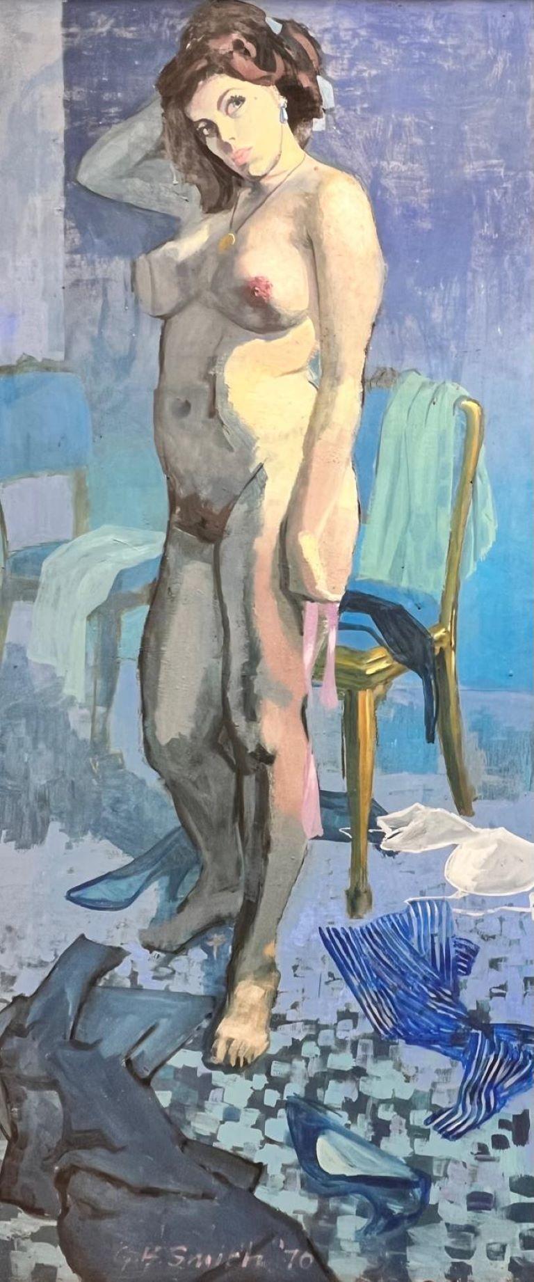 British 1970's Nude Painting - Huge 1970's British Modernist Oil Painting Portrait of Nude Lady in Blue Colors