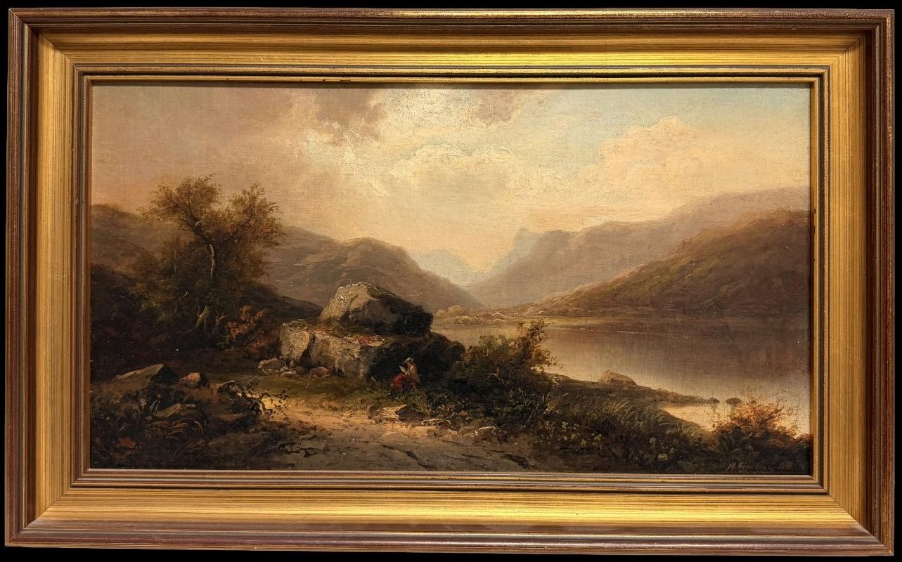 British, 19th century Landscape Painting - Fine Antique 19thC Welsh Landscape Lake of Tal-y-llyn Signed Oil on Canvas