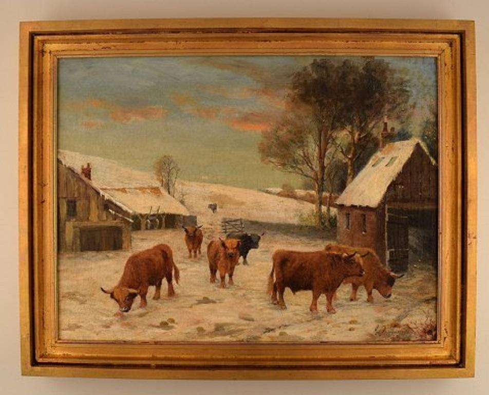 British 19th-century artist. Oil on canvas. Scottish Highland cattle. 1880s.
The canvas measures: 58 x 43 cm.
The frame measures: 5 cm.
In excellent condition.
Indistinctly signed.