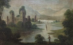 Signed Antique British 19th Century River Landscape Oil Painting, Castle River
