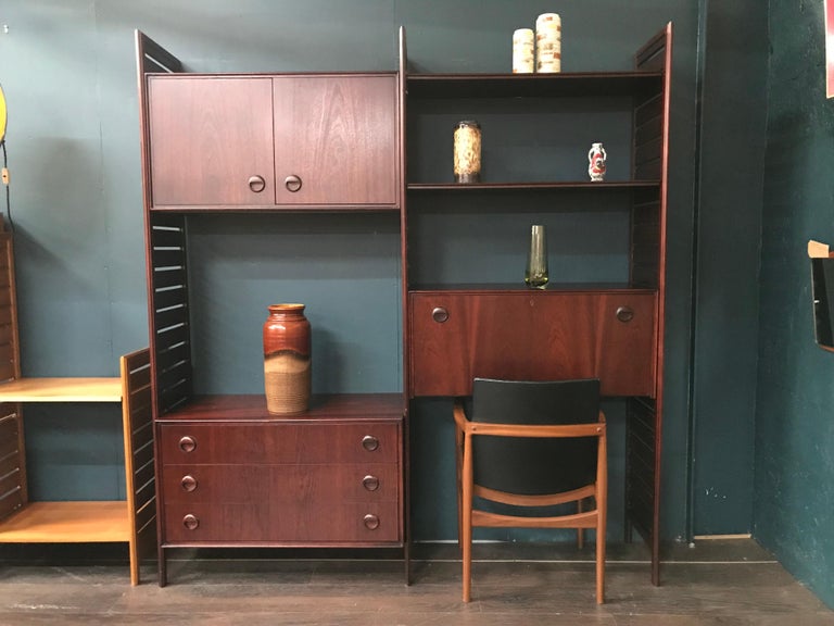 British 2 Bay Teak Ladderax Shelving System with Chest of Drawers and