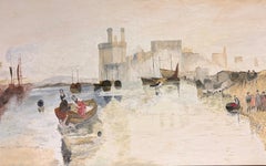 Figures in Small Boats Misty Harbour & Fortified Castle Town Large Oil Painting