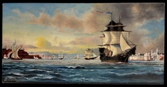 Huge British Marine Oil Painting Shipping off Busy Trading City Port Harbour