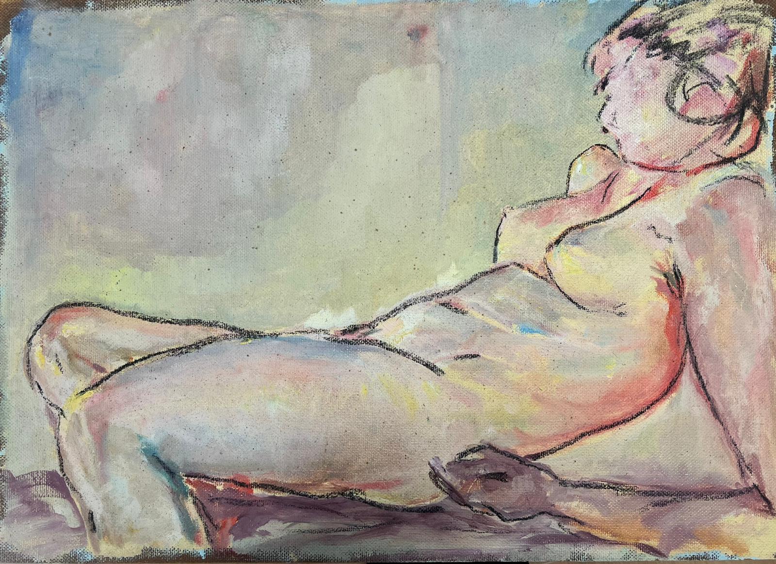 Nude Lady Reclining Model Sketchy 20th century Beige Earthy Tones oil painting - Painting by British 20th century