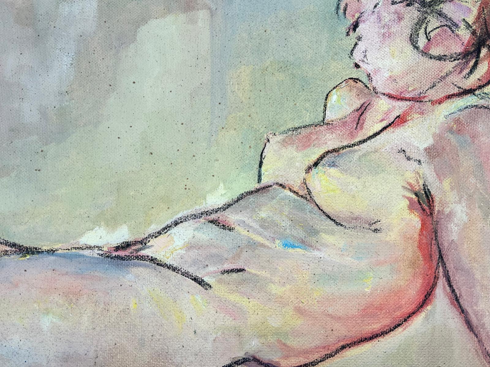 Nude Lady Reclining Model Sketchy 20th century Beige Earthy Tones oil painting For Sale 1