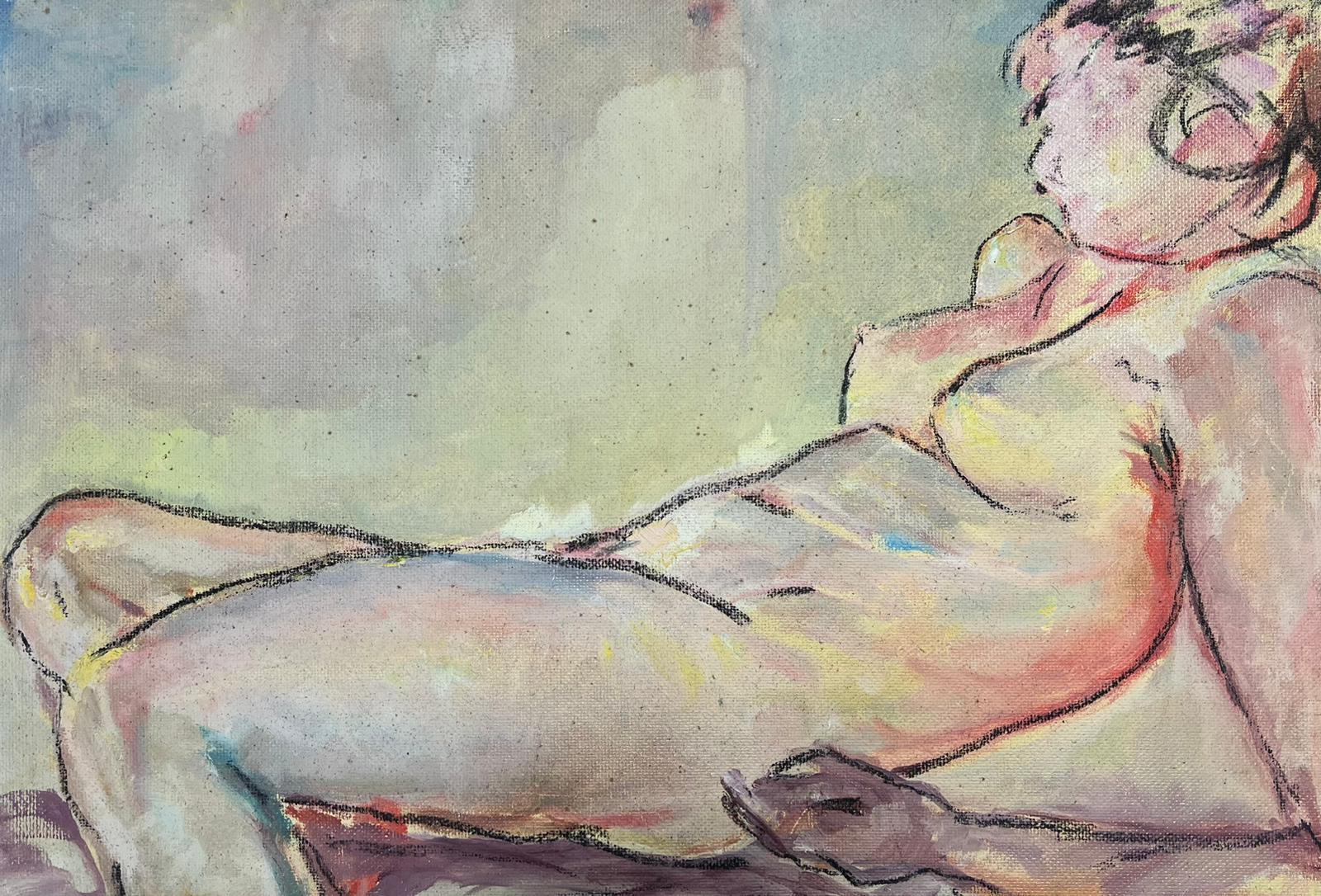 Tableau de modèle nu couché d'une femme allongée du 20ème siècle, peinture à l'huile aux tons terreux beiges