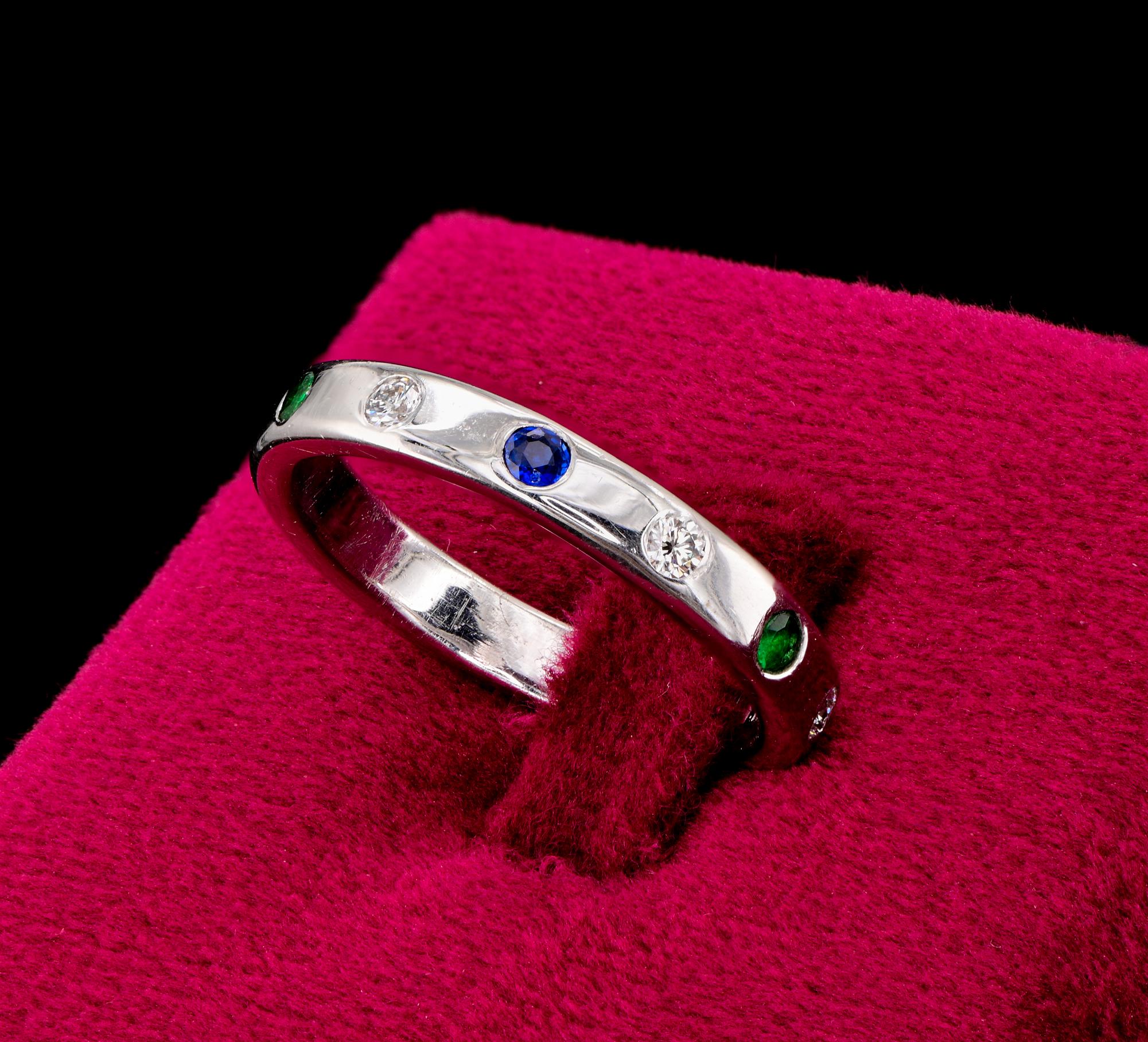 Brilliant Cut British .50 Ct. Diamond Emerald Sapphire 18 KT Eternity ring For Sale