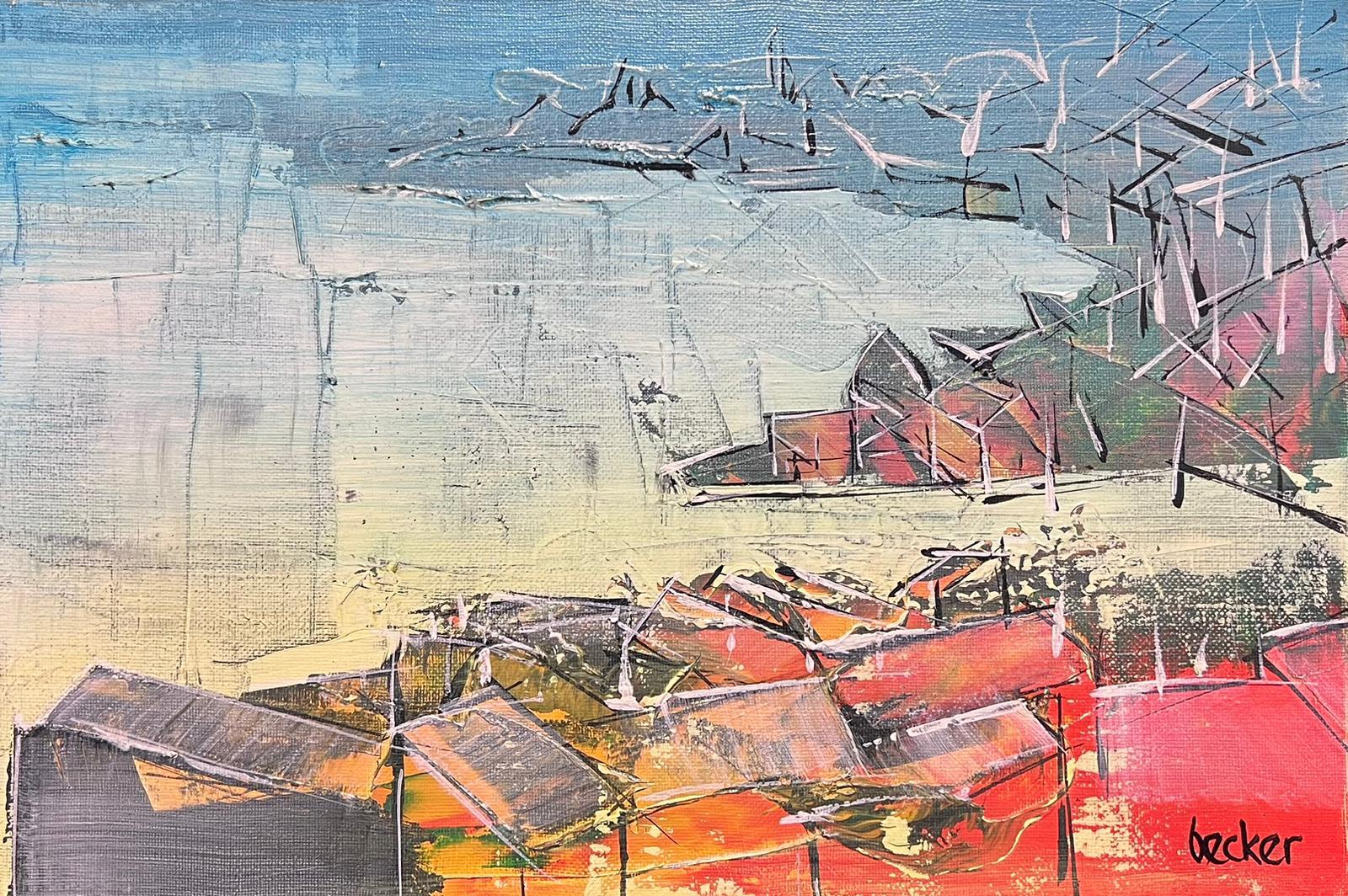 Gerahmte britische abstrakte Komposition 1998 Küstenstadt-Landschaftslandschaft – Painting von British Abstract