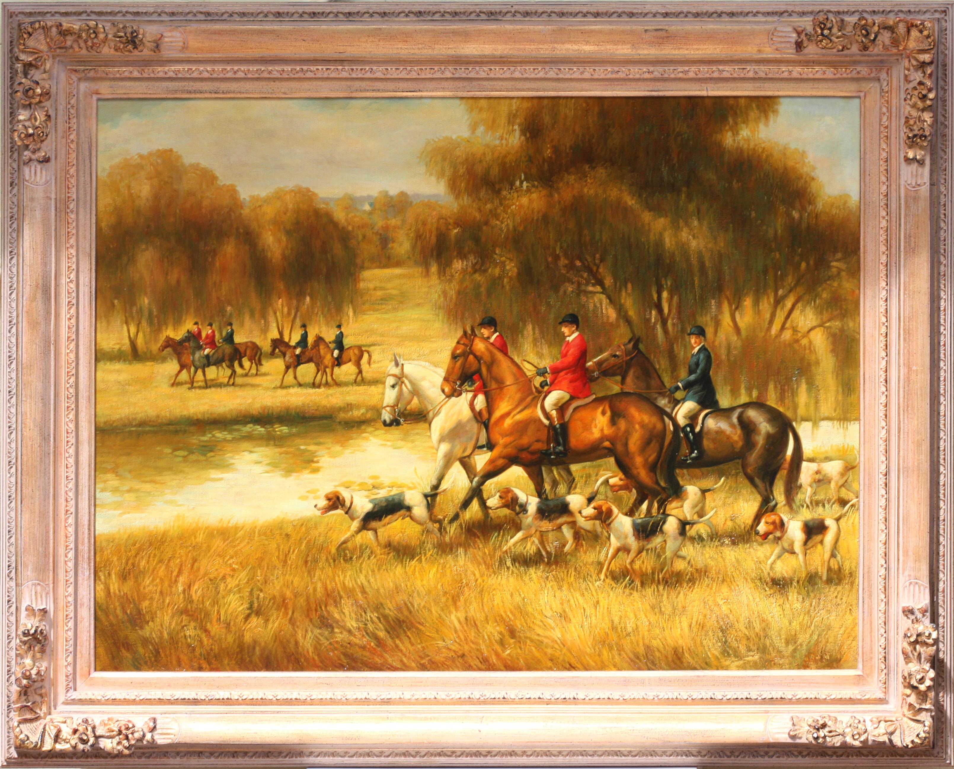 British/American School, 20th Century, Hunt Scene, The Start 
appears unsigned, oil on canvas
29 by 39 in. (73.66 by 99.06 cm.), overall in a gilt frame, 39 by 49 in. (99.06 by 124.46 cm.)
Provenance: Prestige Fine Art, Coral Springs, FL.