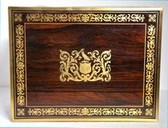 British Antique Brass Marquetry Toilette Box with History and Many Drawers