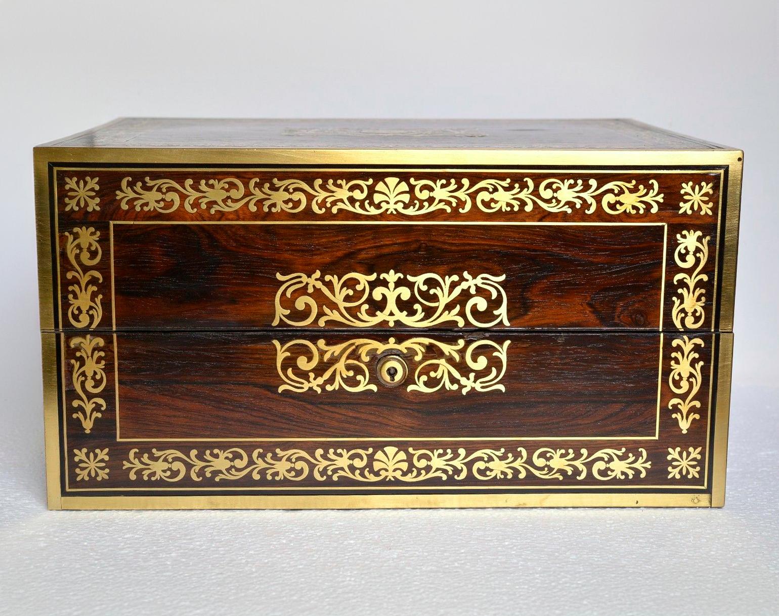 Victorian British Antique Brass Marquetry Toilette Box with History and Many Drawers For Sale