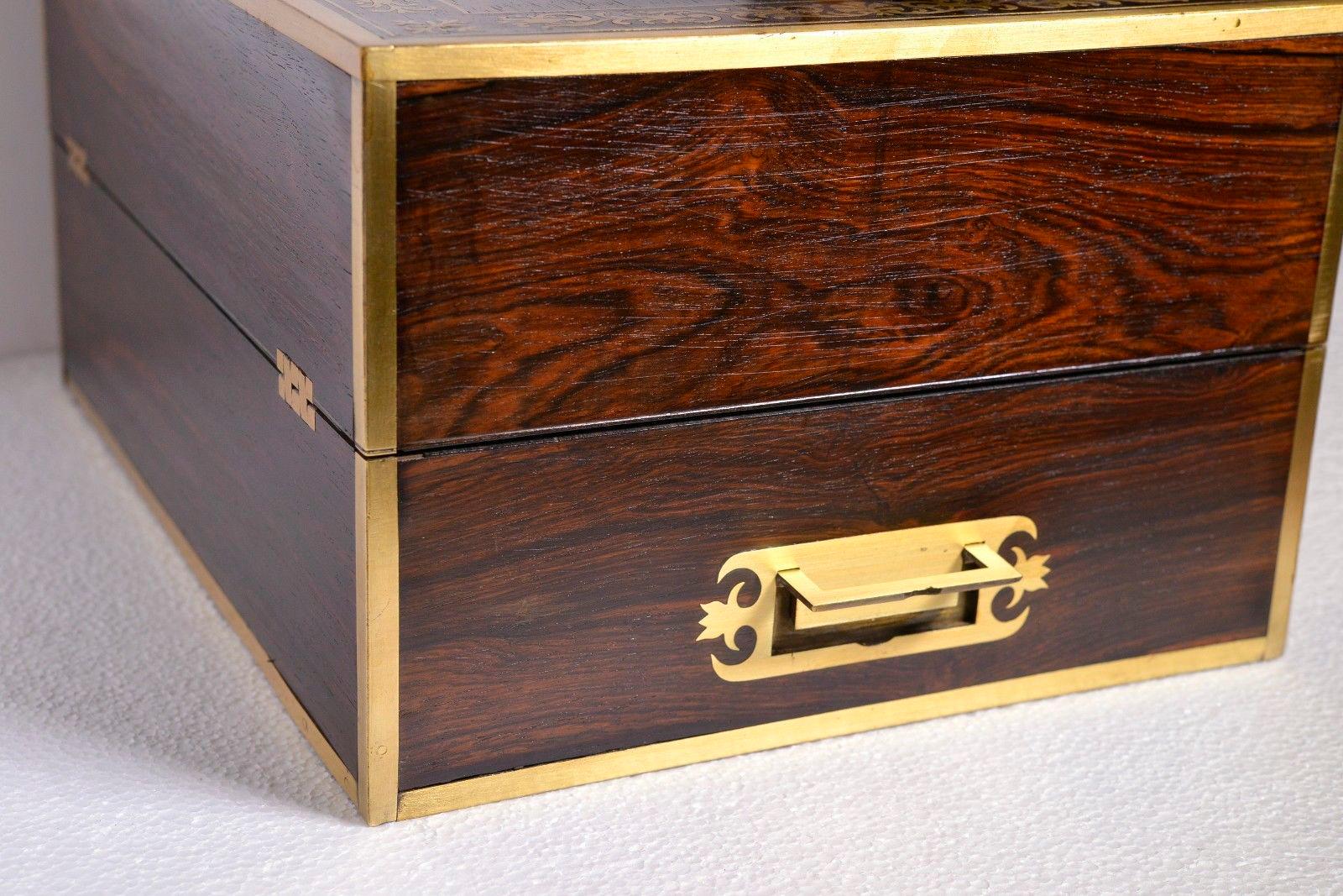 Hand-Carved British Antique Brass Marquetry Toilette Box with History and Many Drawers For Sale