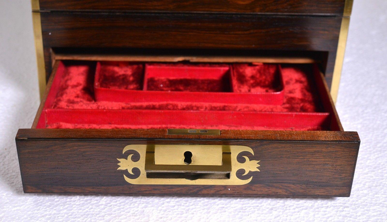 19th Century British Antique Brass Marquetry Toilette Box with History and Many Drawers For Sale