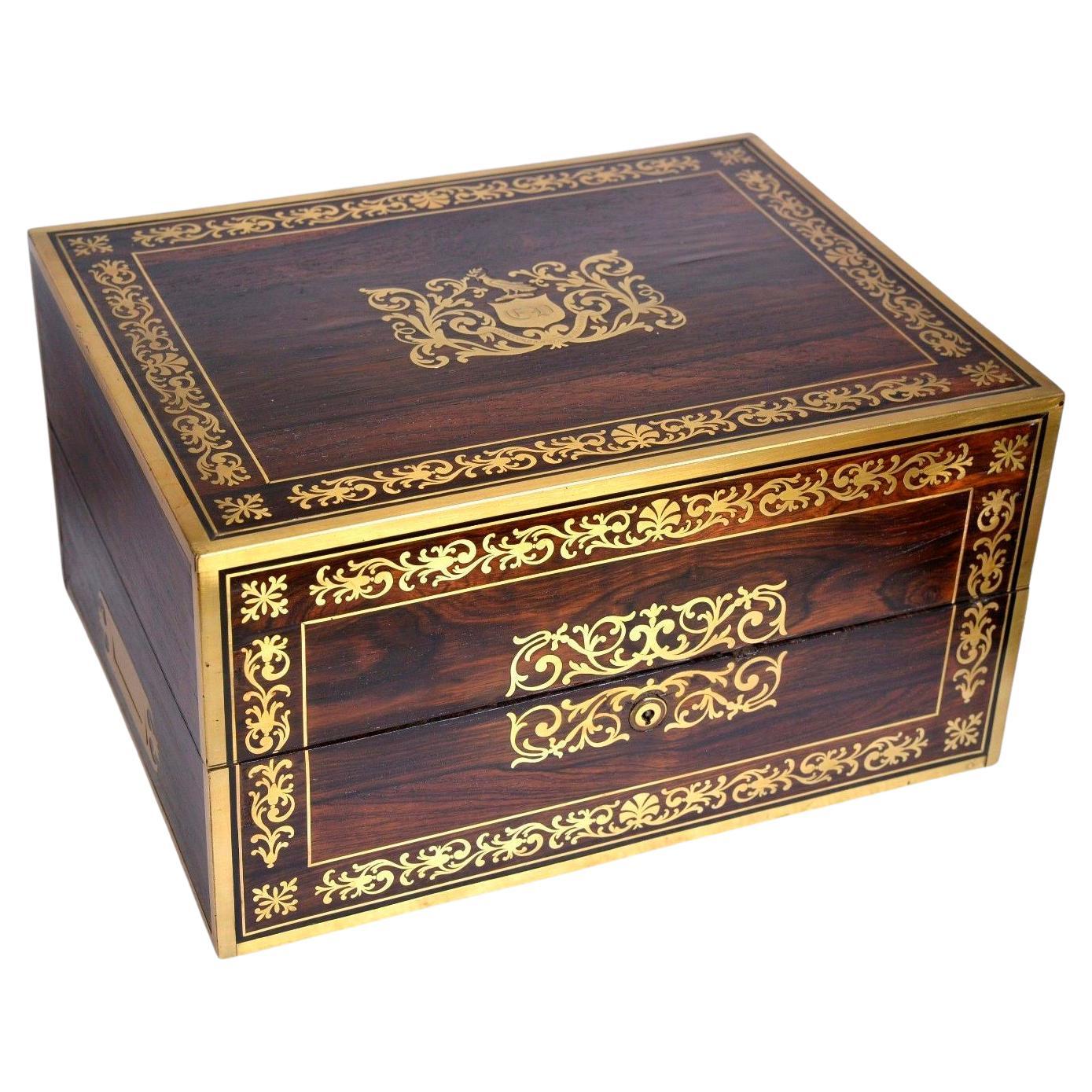 British Antique Brass Marquetry Toilette Box with History and Many Drawers For Sale