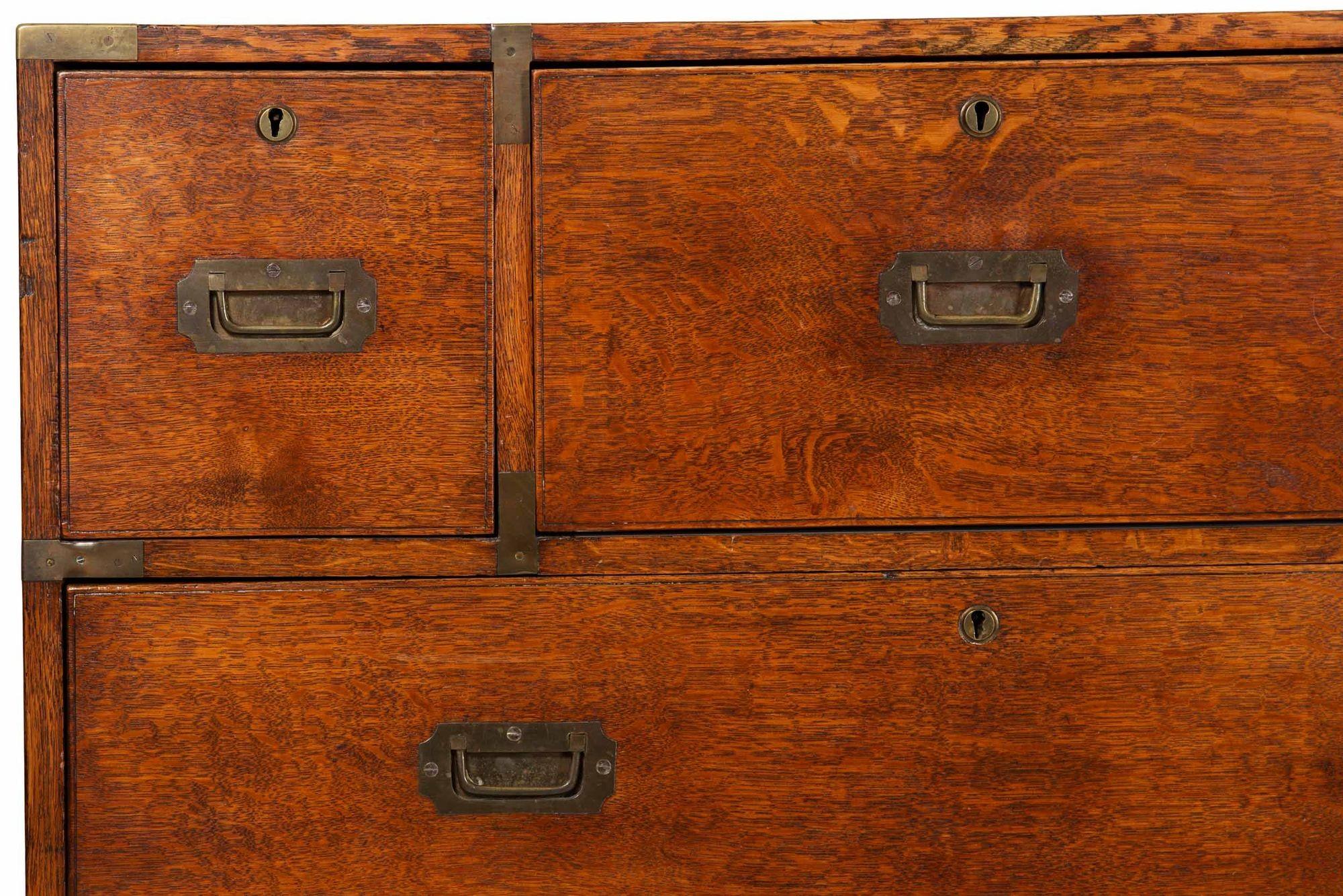 Brass British Antique Campaign Chest of Drawers with Desk, 19th Century