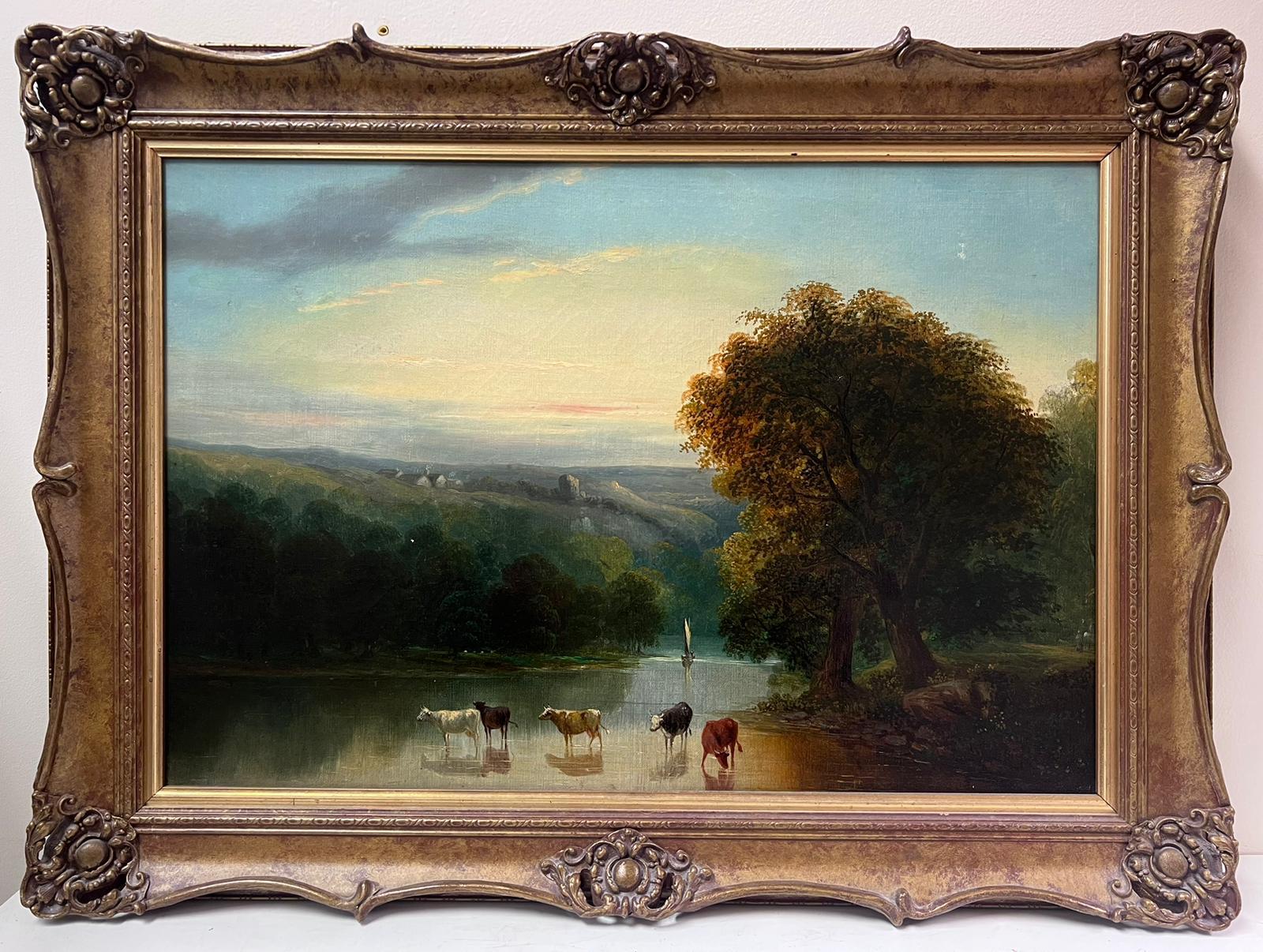 Fine 19th Century Antique British Oil Painting Sunset Tranquil River Landscape - Black Animal Painting by British antique oil 