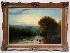 Fine 19th Century Antique British Oil Painting Sunset Tranquil River Landscape