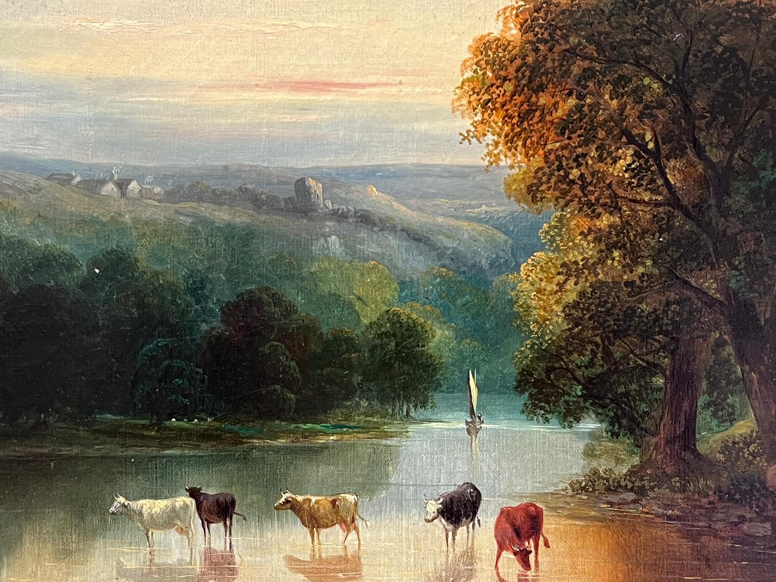 Fine 19th Century Antique British Oil Painting Sunset Tranquil River Landscape 1