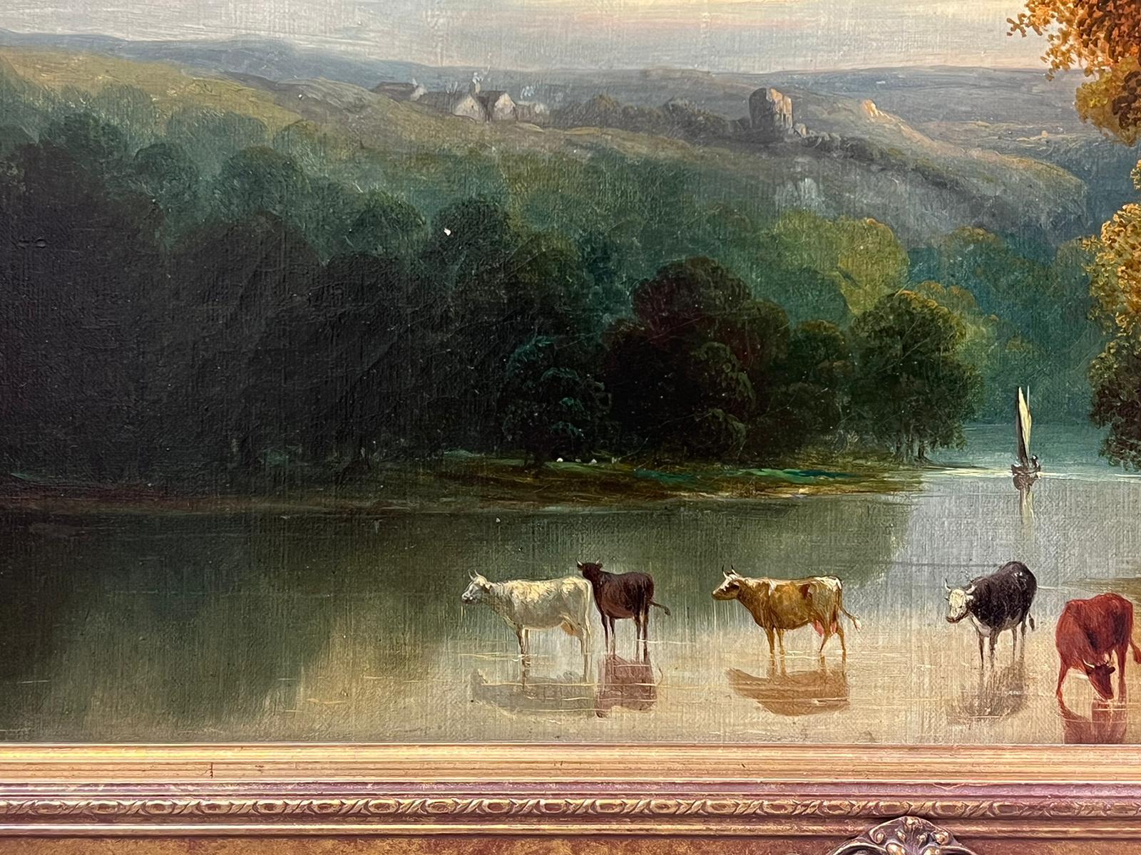 Fine 19th Century Antique British Oil Painting Sunset Tranquil River Landscape 3