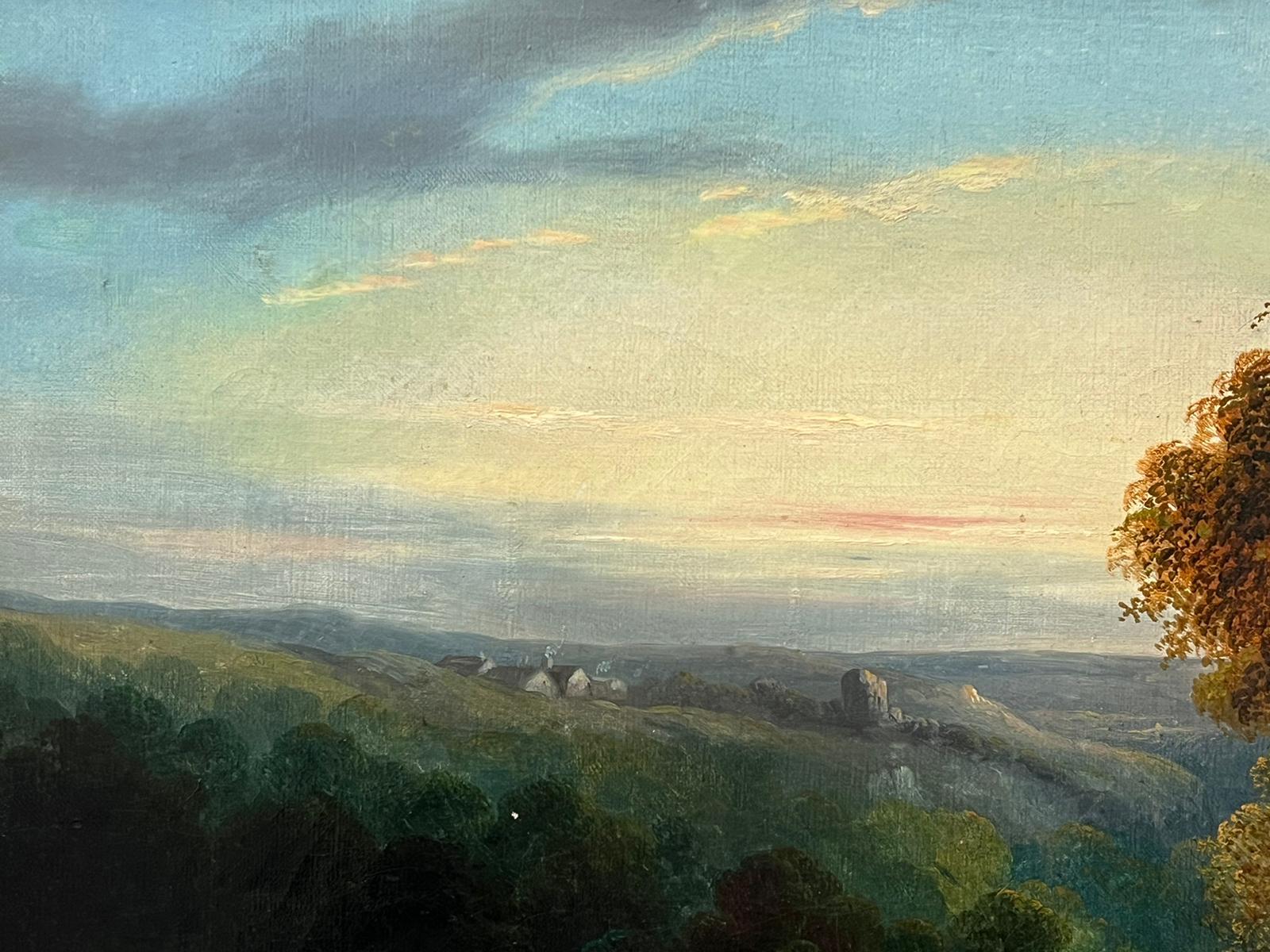 Fine 19th Century Antique British Oil Painting Sunset Tranquil River Landscape 4