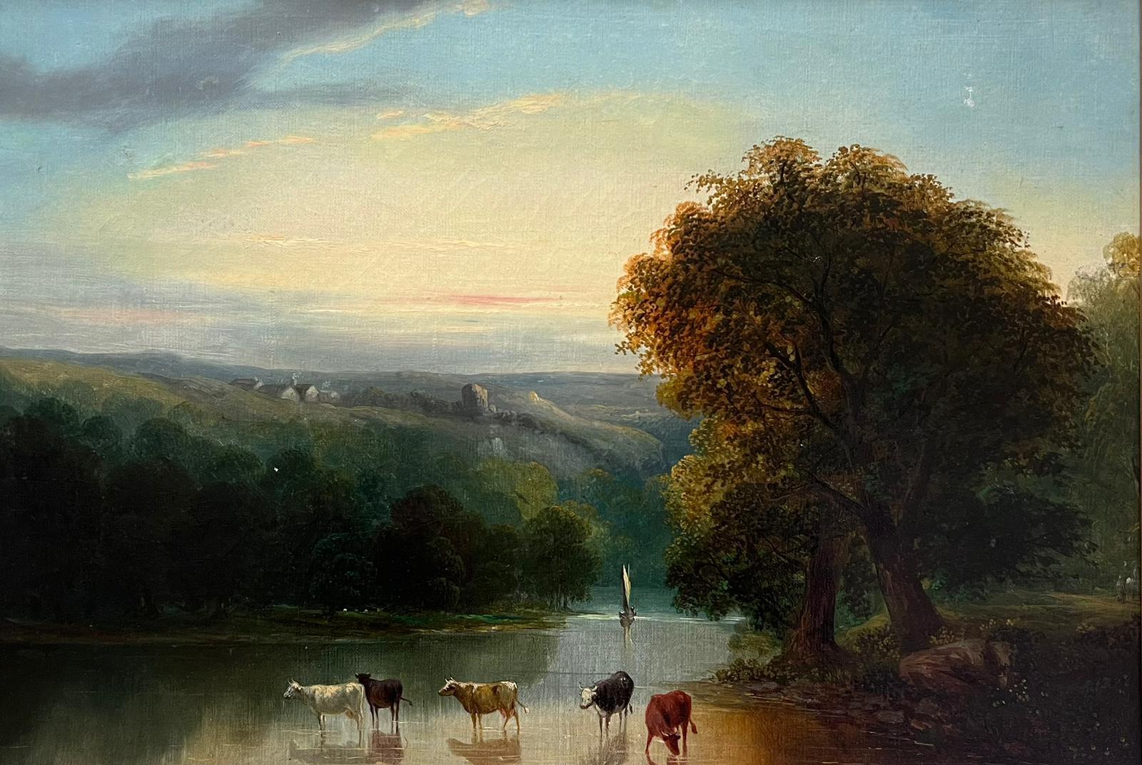 British antique oil  Animal Painting - Fine 19th Century Antique British Oil Painting Sunset Tranquil River Landscape