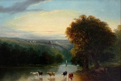 Fine 19th Century Antique British Oil Painting Sunset Tranquil River Landscape