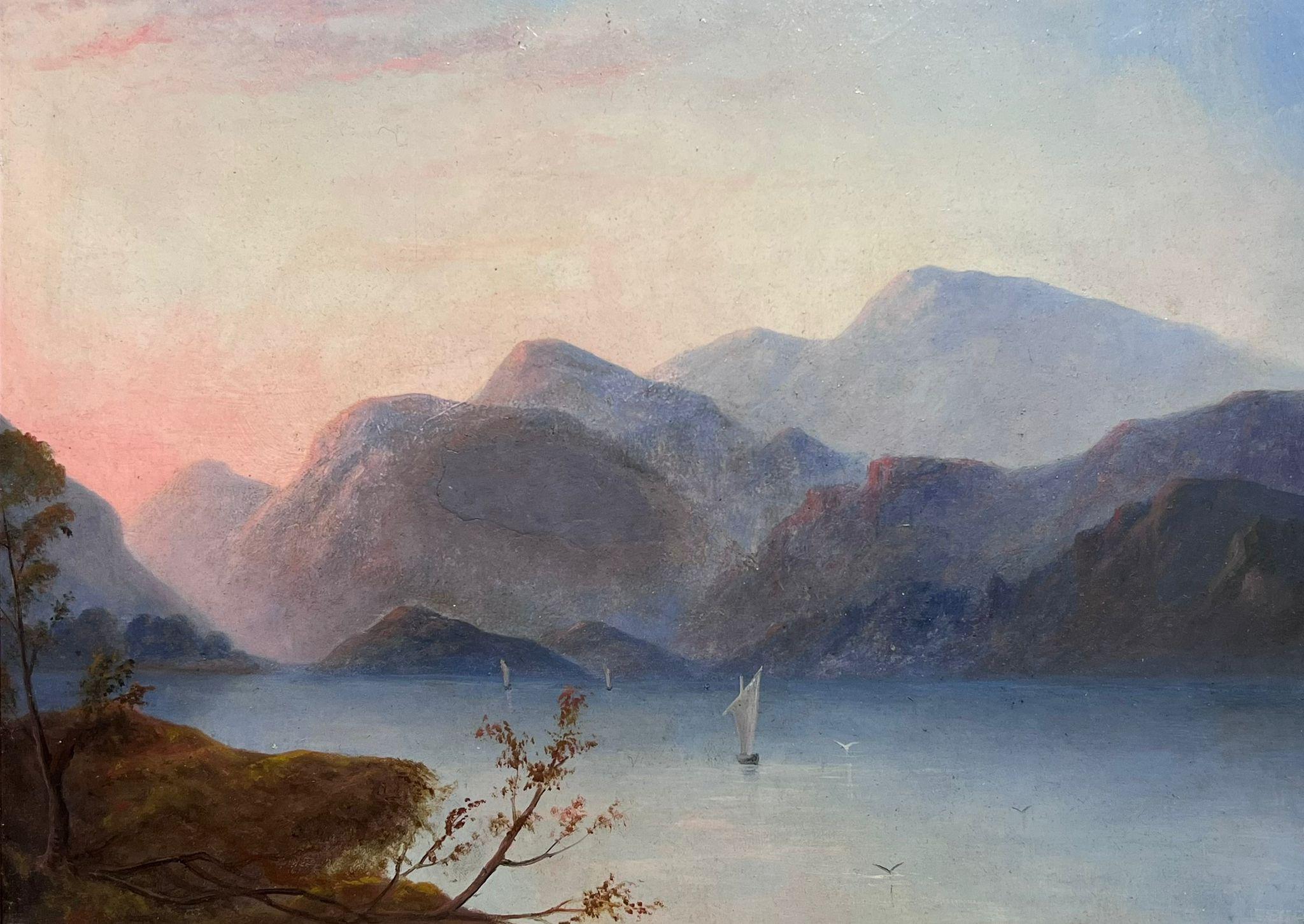 Unknown Landscape Painting - Mid 19th Century Oil Sailing Boat on Scottish Loch Waters at Sunset Beautiful 