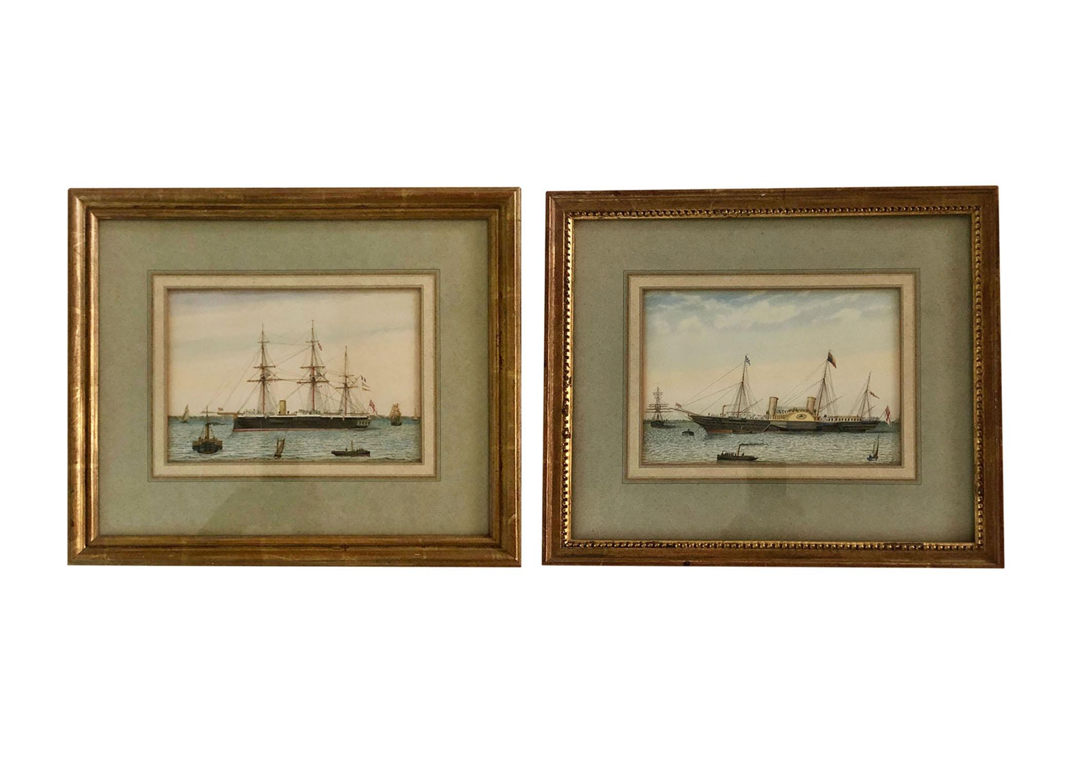 A pair of painting by British artist Fredrick Dove Ogilvie (1850-1921) noted British coastal and naval painter. Ships in the harbor in water gilded frames. Circa 1890s. Size of frames 18