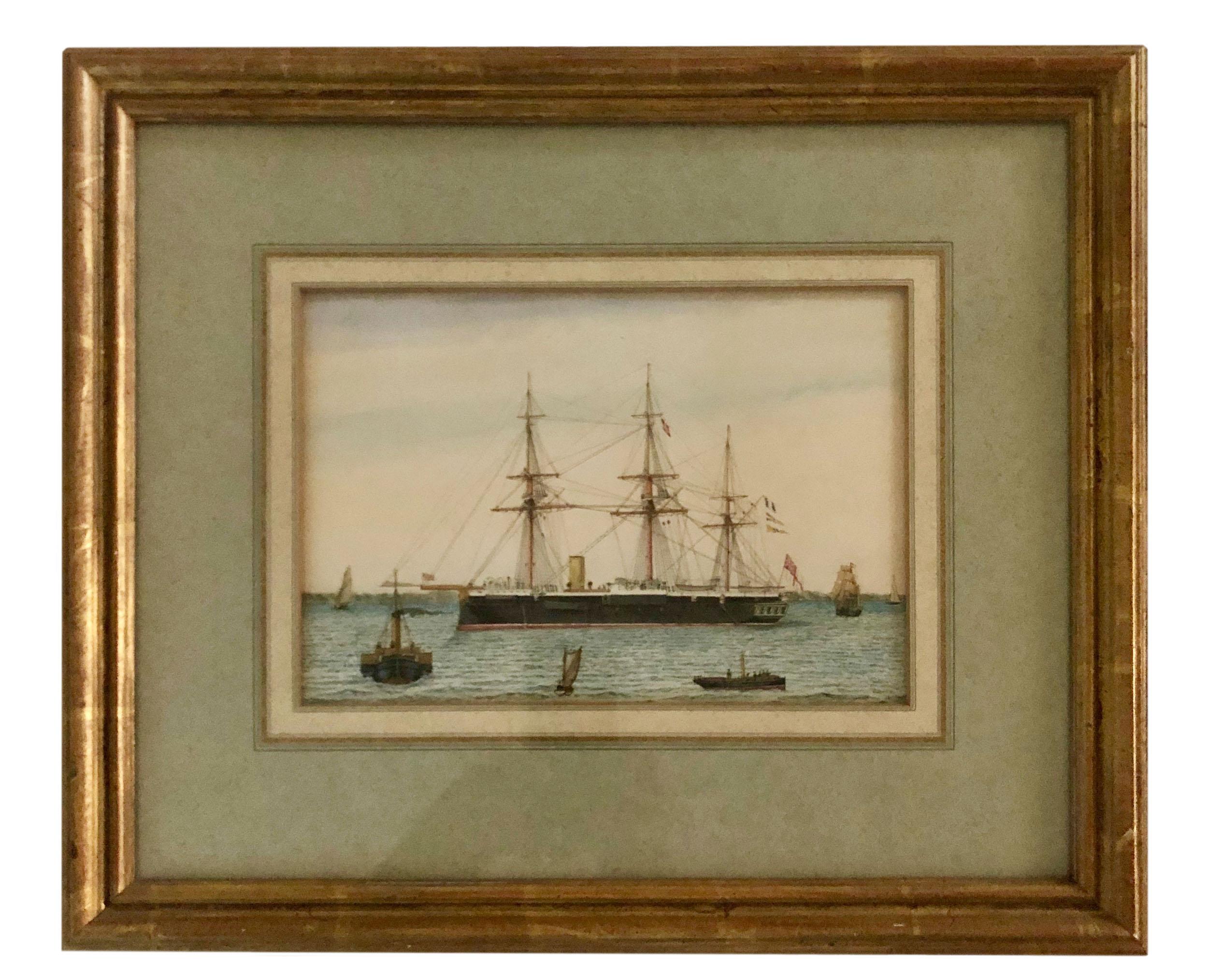 English British Antique Paintings Ships in the Harbor