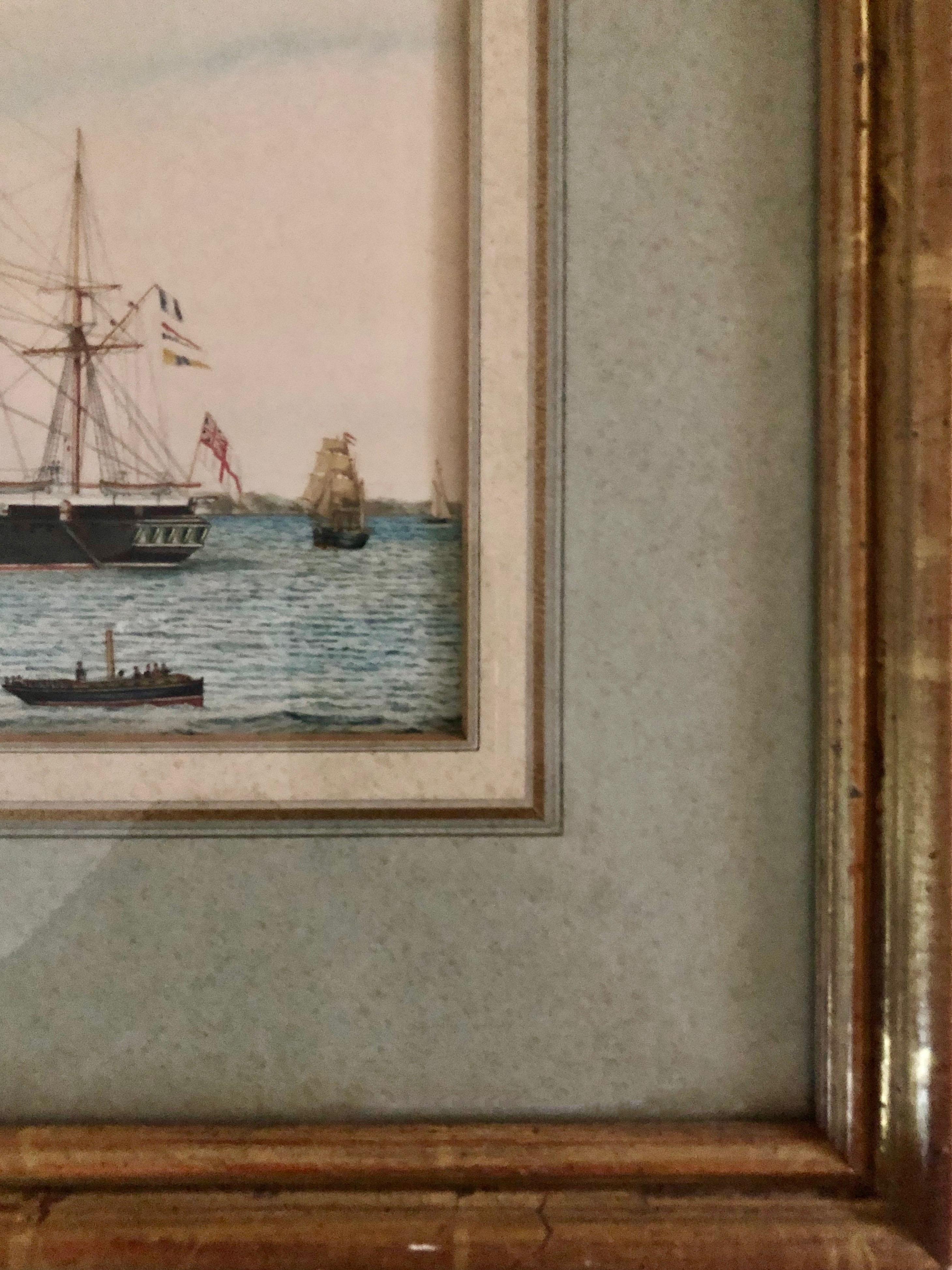 British Antique Paintings Ships in the Harbor In Good Condition In Tampa, FL