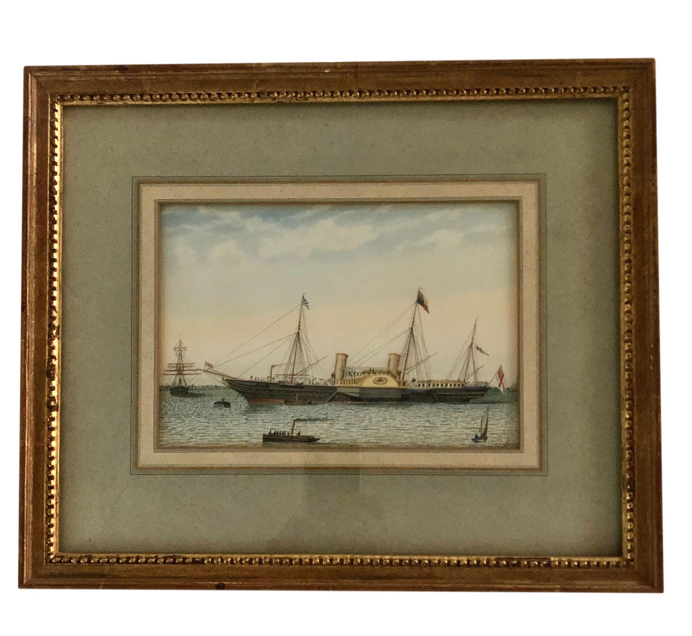 British Antique Paintings Ships in the Harbor 3