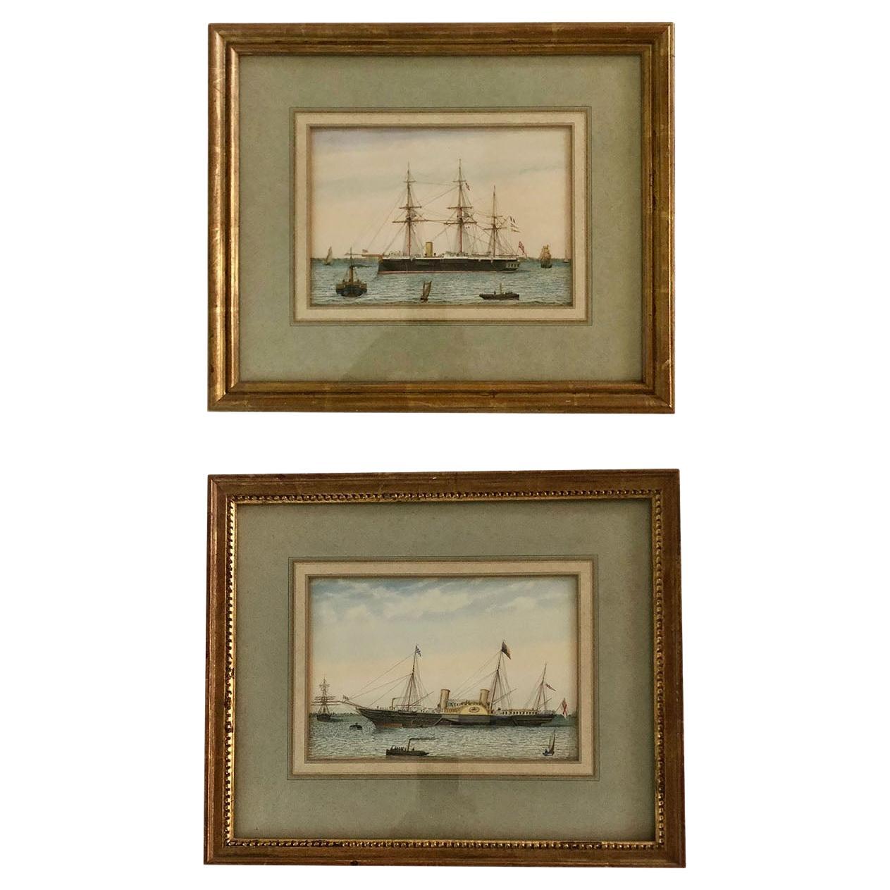 British Antique Paintings Ships in the Harbor